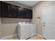 Functional laundry room with front load washer/dryer and dark cabinets for storage at 549 Tippen Pl, Castle Rock, CO 80104