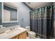Bathroom with a vanity, sink, toilet, and a shower with a decorative shower curtain at 1311 Carlyle Park Cir, Highlands Ranch, CO 80129