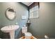 Compact powder room with pedestal sink, toilet, and a decorative mirror, all complemented by a dark green wall at 1311 Carlyle Park Cir, Highlands Ranch, CO 80129