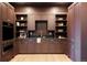 Kitchen pantry features dark wood cabinets, black countertop, gold hardware, and paneled backsplash at 8937 Little Raven Trl, Niwot, CO 80503