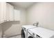 Functional laundry room with modern washer and dryer, and white cabinets for storage at 555 W Peakview Ave, Littleton, CO 80120