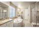 This luxurious bathroom features dual vanities, a soaking tub, and a glass-enclosed shower at 1788 Holmby Ct, Castle Rock, CO 80104