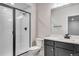 Modern bathroom featuring a glass enclosed shower and stylish vanity at 3314 N Haleyville Ct, Aurora, CO 80019