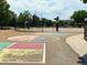 A modern basketball court features multiple hoops and a colorful playing surface with surrounding green landscaping at 14400 Albrook Dr # 43, Denver, CO 80239