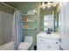 Bathroom with a shower-tub combo, floating shelves, and a modern vanity at 12831 Mayfair Way # F, Englewood, CO 80112