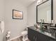 Modern powder room features a distinctive glass bowl sink and stylish decor for an elegant touch at 12610 E Villanova Dr, Aurora, CO 80014