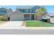Charming two-story home with a well-manicured lawn and a two car garage on a bright sunny day at 5149 S Tibet St, Aurora, CO 80015