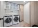 Functional laundry room featuring a front loading washer and dryer, cabinet space, and attractive flooring at 3636 Lipan St, Denver, CO 80211