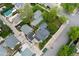Aerial view of a home featuring a dark roof, adjacent garage, and landscaped backyard at 1900 S Gilpin St, Denver, CO 80210