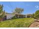 Large backyard with lush green lawn, a covered patio, and mature trees at 1475 Lucille Ct, Northglenn, CO 80233