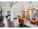 Open-concept living room with dark hardwood floors, stylish furnishings, and modern light fixtures at 5923 S Jamestown Ct, Aurora, CO 80016