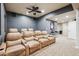 Finished basement home theater with multiple leather recliners and ceiling fan at 4185 Cheyenne Dr, Larkspur, CO 80118