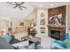 Spacious living room with fireplace, built-in shelves, and comfortable seating at 4185 Cheyenne Dr, Larkspur, CO 80118