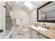 Bright bathroom with a shower and tub, skylight, vanity, and a large decorative mirror at 5320 S Geneva St, Englewood, CO 80111