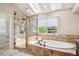 Elegant bathroom featuring a soaking tub, glass-enclosed shower, and skylights for natural light at 5320 S Geneva St, Englewood, CO 80111