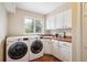 Functional laundry room with modern washer and dryer, ample cabinet space, and a sink at 5320 S Geneva St, Englewood, CO 80111