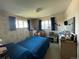 Bedroom boasts blue quilted bedspread and adequate natural light from the windows at 6552 S Pearl St, Centennial, CO 80121