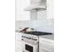 Close-up of kitchen appliances, stainless steel stove and vent hood with modern backsplash at 3801 S Albion St, Englewood, CO 80113