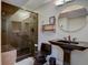 Chic bathroom with a dark pedestal sink, modern fixtures, and a glass-enclosed shower at 2888 Deer Creek Trl, Highlands Ranch, CO 80129