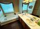 Bathroom featuring dual sinks, a soaking tub, and natural lighting at 227 Powderhorn Trl, Broomfield, CO 80020