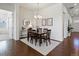 A modern dining room with hardwood floors, a stylish chandelier, and minimalist wall decor at 10258 W Coal Mine Pl, Littleton, CO 80127