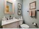 Stylish half-bathroom with marble vanity, modern fixtures, and decorative accents at 1164 English Sparrow Trl, Highlands Ranch, CO 80129