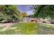 Lush backyard featuring a well-maintained lawn, patio area, and mature trees providing ample shade at 11718 Keough Dr, Northglenn, CO 80233