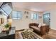 Cozy living room featuring a stylish leather sofa, modern furniture and plenty of natural light at 1355 Gaylord St # 10, Denver, CO 80206