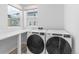 Convenient laundry room with modern washer and dryer, plus a built-in folding station under the window at 11000 Shining Star Cir, Parker, CO 80134
