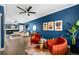 Modern living room with vibrant blue walls, striking artwork, and contemporary furnishings at 84 Inca St, Denver, CO 80223