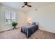 Bedroom with gray bedding, ceiling fan, neutral walls and carpet, and large sunlit window at 14521 Vancouver Pl, Parker, CO 80134