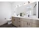 Modern bathroom features double vanity with sleek fixtures and hardware, ample storage, and a clean, contemporary design at 2920 W Parkside Pl, Denver, CO 80221