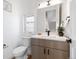Well-lit half-bathroom features modern vanity, dark fixtures, and stylish decor for a sleek and functional space at 2920 W Parkside Pl, Denver, CO 80221