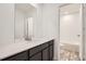 Bright bathroom featuring a single vanity, quartz countertop, modern fixtures, and a shower over the tub at 11039 Snowdon St, Parker, CO 80134