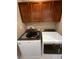 Convenient laundry room featuring modern washer and dryer units, with ample overhead cabinet space at 24963 E Hoover Pl, Aurora, CO 80016