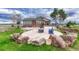 Backyard patio area has stone accents, a fire pit and chairs for relaxing, surrounded by lush green grass at 1820 S State 83 Hwy, Franktown, CO 80116