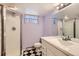 Basement bathroom with shower stall and white vanity at 1650 Locust St, Denver, CO 80220