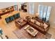 Aerial view of the open concept living room with comfortable seating, a kitchen island, and abundant natural light at 9238 Viaggio Way, Highlands Ranch, CO 80126