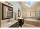 Luxurious bathroom featuring dual vanities, a soaking tub, a glass enclosed shower, and a skylight at 5063 E Otero Cir, Centennial, CO 80122