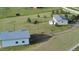 Scenic aerial view of charming single-story home and barn on a sprawling green lot with a long driveway at 3596 Longs Peak Cir, Parker, CO 80138