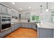 Contemporary kitchen with gray cabinets, stainless steel appliances, and plentiful counter space at 3144 Stevens N Cir, Erie, CO 80516