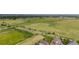 An aerial view of a property with a sprawling green landscape with a road and distant buildings in the background at 3620 Sandoval St, Brighton, CO 80601