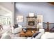 Cozy living room boasts a stone fireplace and an airy layout with hardwood floors at 6491 Crestbrook Dr, Morrison, CO 80465