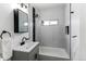 Modern bathroom featuring sleek fixtures, gray tiled walls, and a contemporary vanity at 808 Hanover St, Aurora, CO 80010