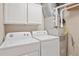 Well-lit laundry room featuring a washer, dryer, overhead storage, and modern utility systems at 1747 N Washington St # C306, Denver, CO 80203