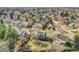 Overhead shot of a residential neighborhood highlighting the home, yard, and proximity to mature trees at 3766 E Easter S Cir, Centennial, CO 80122