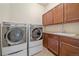 Convenient laundry room with washer, dryer, storage cabinets, and sink at 1130 Summit View Dr, Louisville, CO 80027