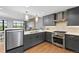 Modern kitchen featuring stainless steel appliances, gray cabinets, and hardwood floors at 1590 Little Raven St # 408, Denver, CO 80202