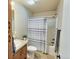 Clean bathroom, featuring a shower/tub combo and double vanity at 7982 Larkspur Cir, Frederick, CO 80530