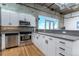 Kitchen features stainless steel appliances, white cabinets and countertops and city views at 2020 Arapahoe St # 1250, Denver, CO 80205